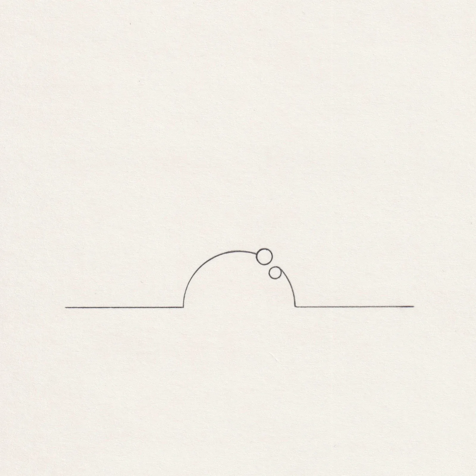 Pencil line drawing on paper: a broad dome rising from a horizontal line with two small circles resting on its right slope.