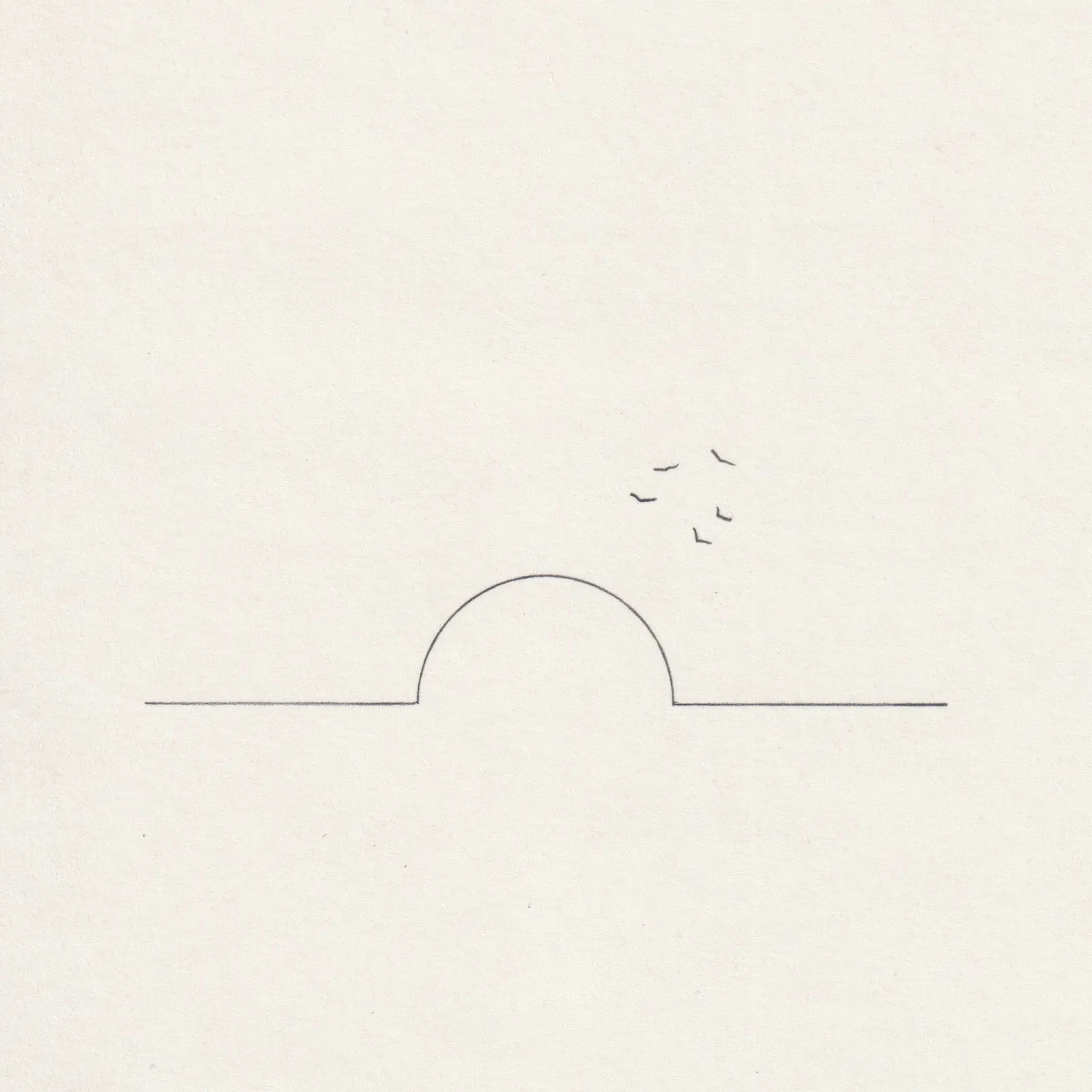 Pencil line drawing on paper: a tall half-dome rising from a horizontal line with a small scattered flock of birds above.