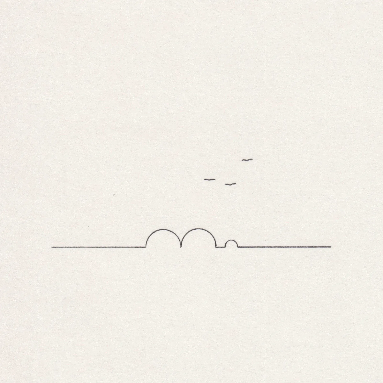 Pencil line drawing on paper: a horizontal line rising into two rounded humps and a small bump, with birds in flight above.