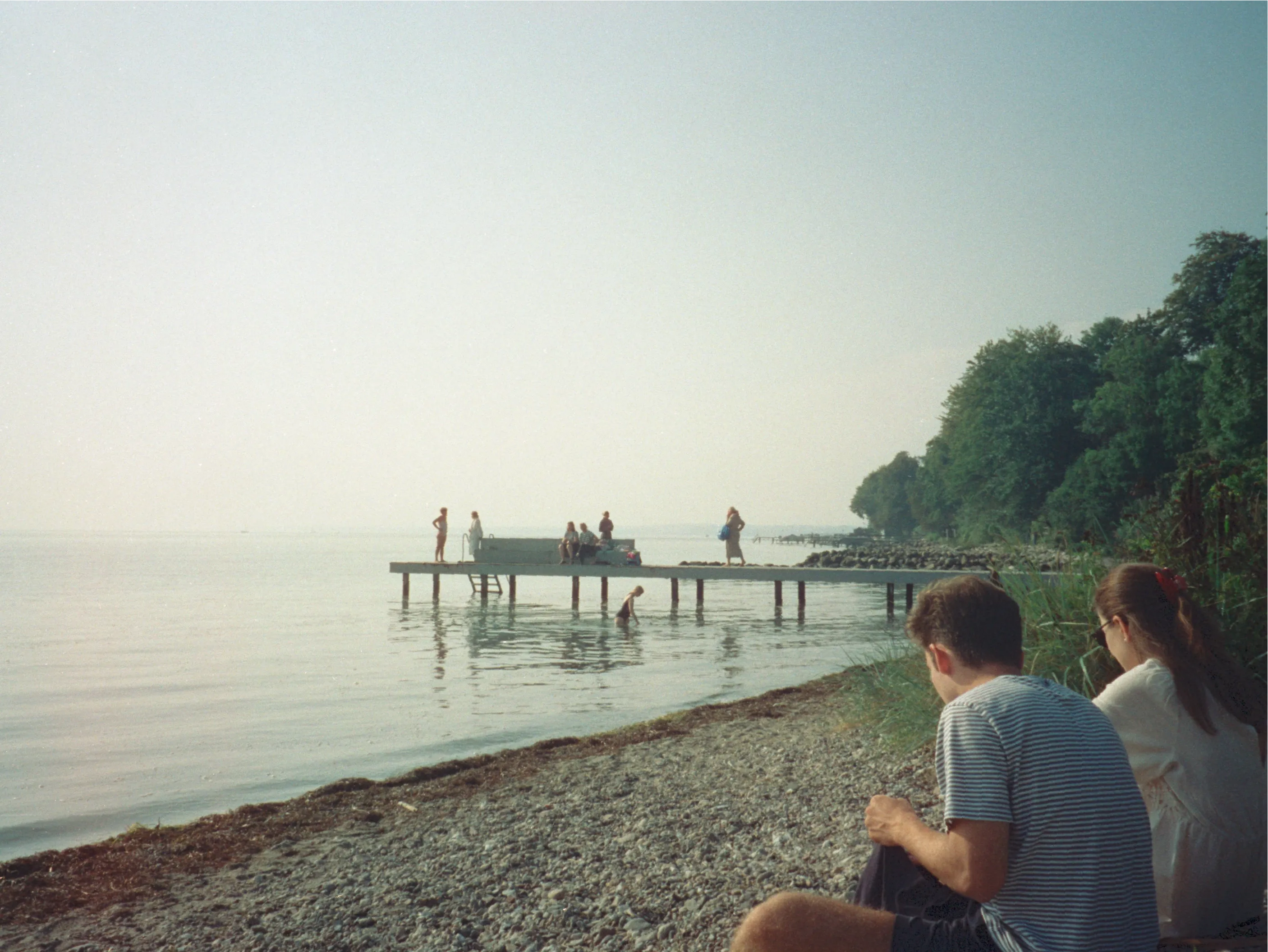 Evening light on a calm bay: a young couple sit on the pebble shore in the foreground watching people out on a long low swimming jetty.